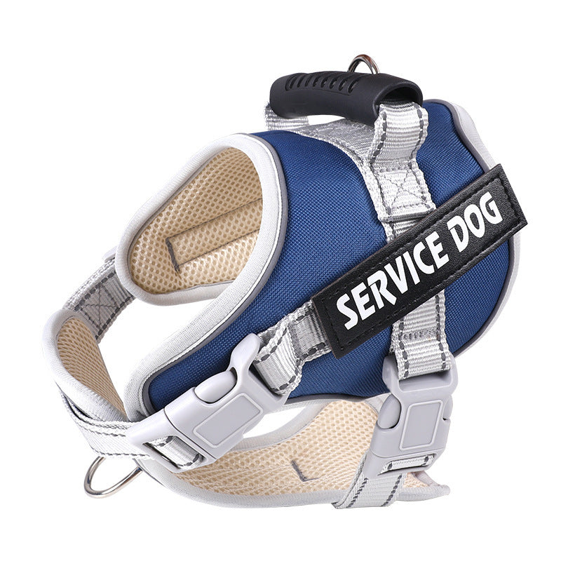 Navy padded harness angled towards the camera, beige mesh lining showing inside