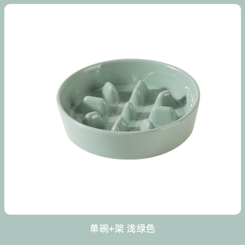 Ceramic Slow Feeder Bowl with Raised Bamboo Stand