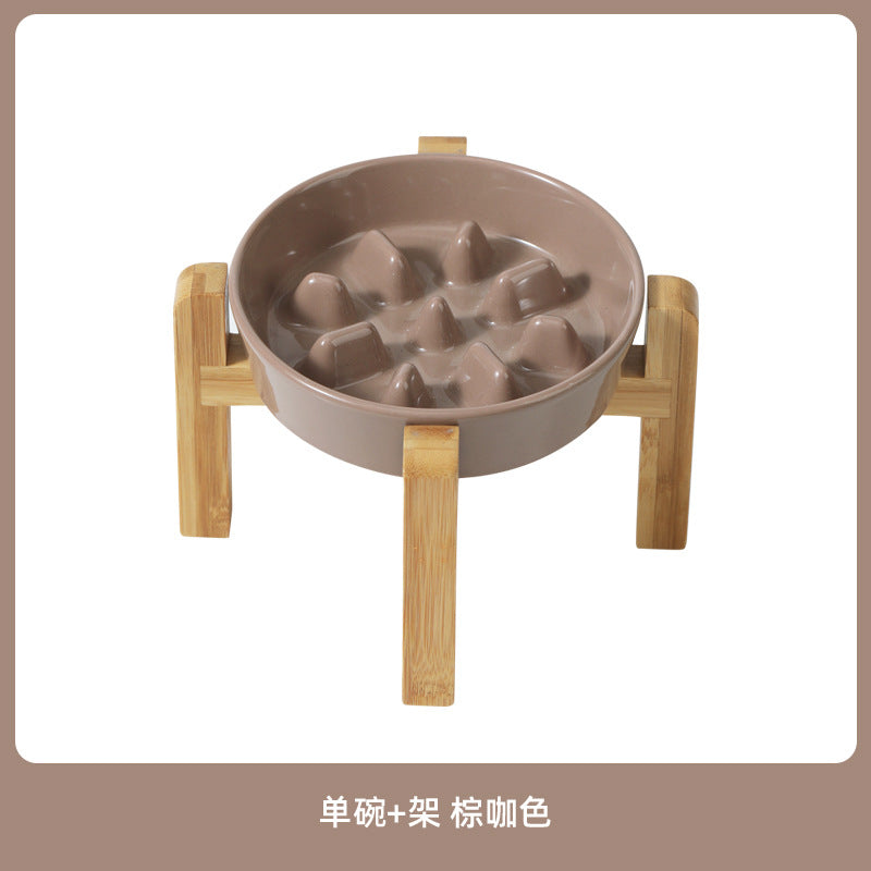 Ceramic Slow Feeder Bowl with Raised Bamboo Stand