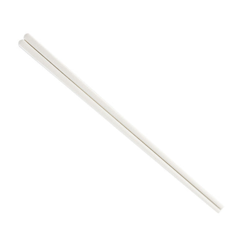 A pair of plain white chopsticks on a white background.