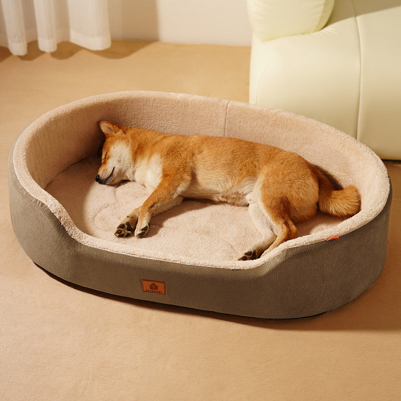 Oval Dog Bed with Raised Rim and Removable Cushion: Faux leather, brown