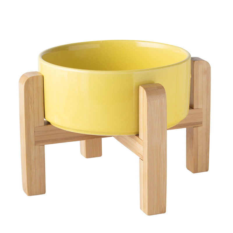 Ceramic Pet Bowl with Raised Wooden Stand, 3 Sizes