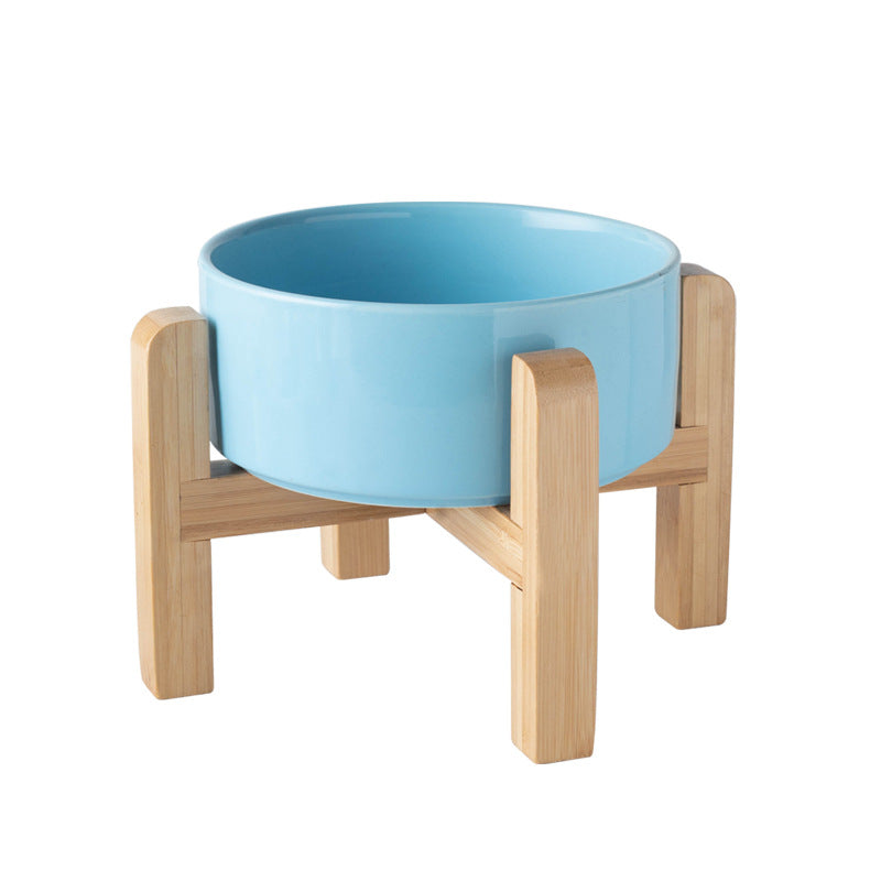 Ceramic Pet Bowl with Raised Wooden Stand, 3 Sizes