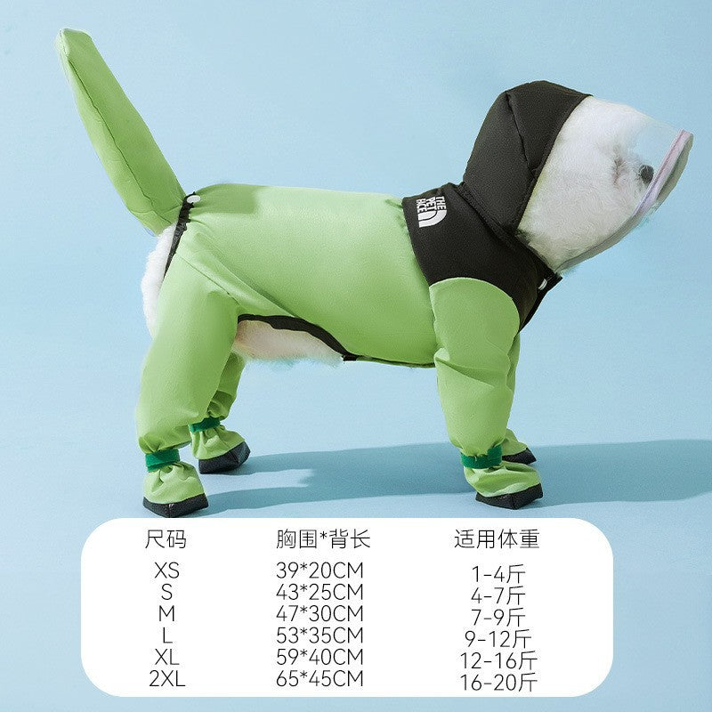 Dog Raincoat, Four-Leg Waterproof with Dinosaur Hood, XS to 8XL