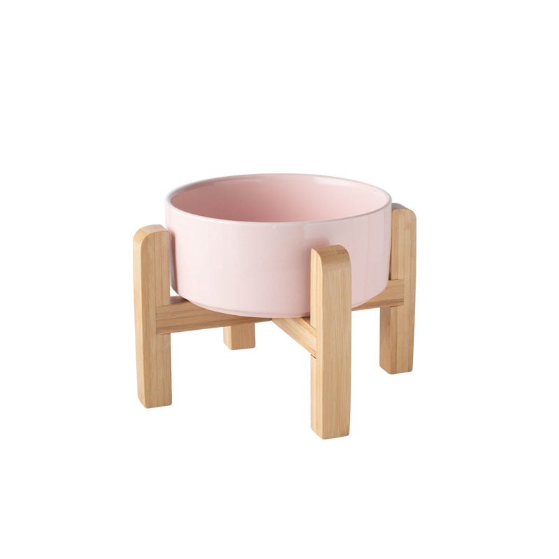 Ceramic Pet Bowl with Raised Wooden Stand, 3 Sizes