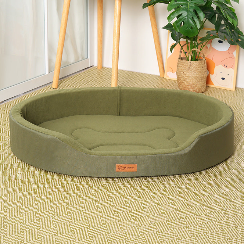 Oval Dog Bed with Raised Rim and Removable Cushion: Thick fleece, army green