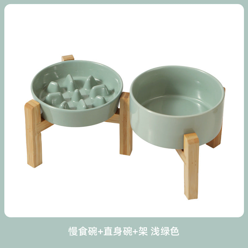 Ceramic Slow Feeder Bowl with Raised Bamboo Stand