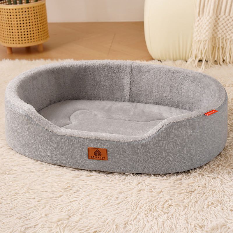 Oval Dog Bed with Raised Rim and Removable Cushion: Faux leather, light grey