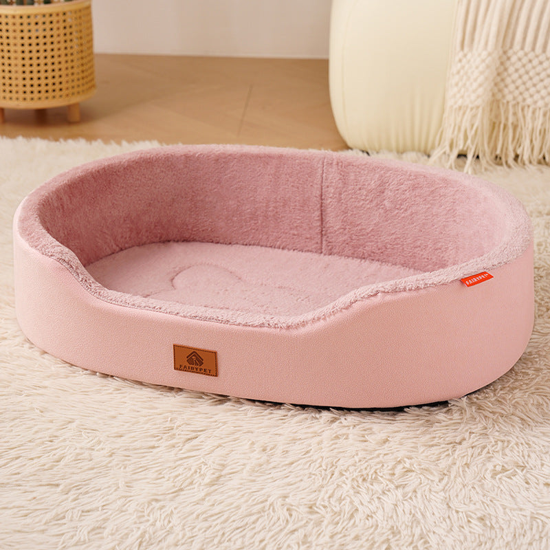 Oval Dog Bed with Raised Rim and Removable Cushion: Faux leather, pink