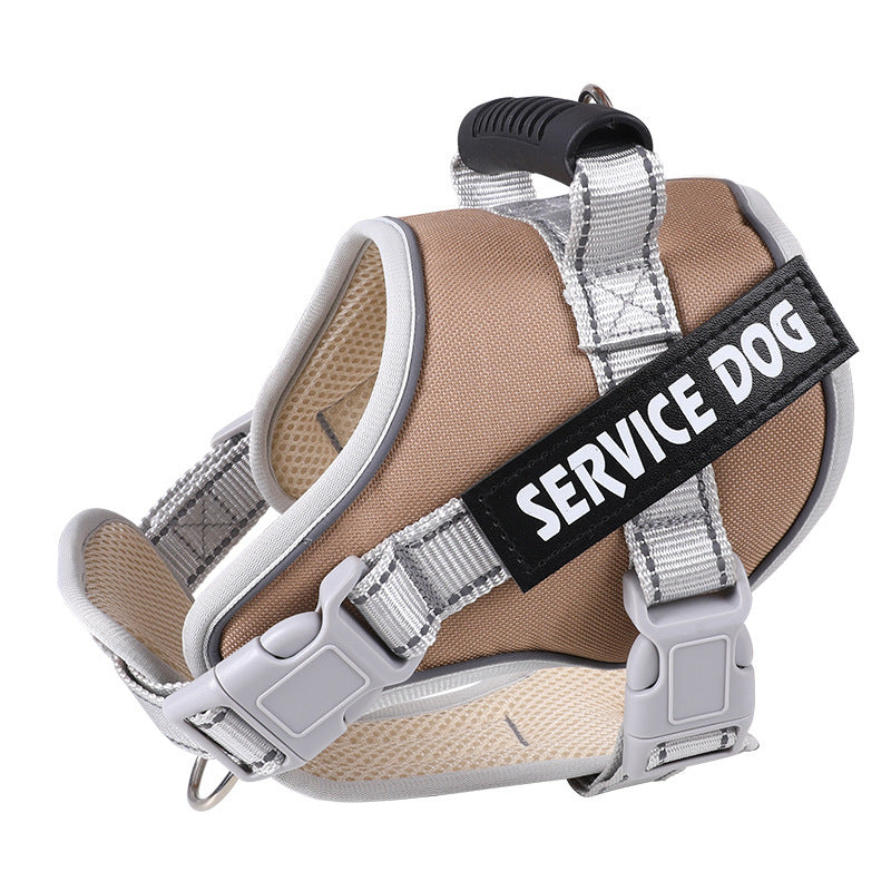 Khaki padded harness angled towards the camera, beige mesh lining showing inside