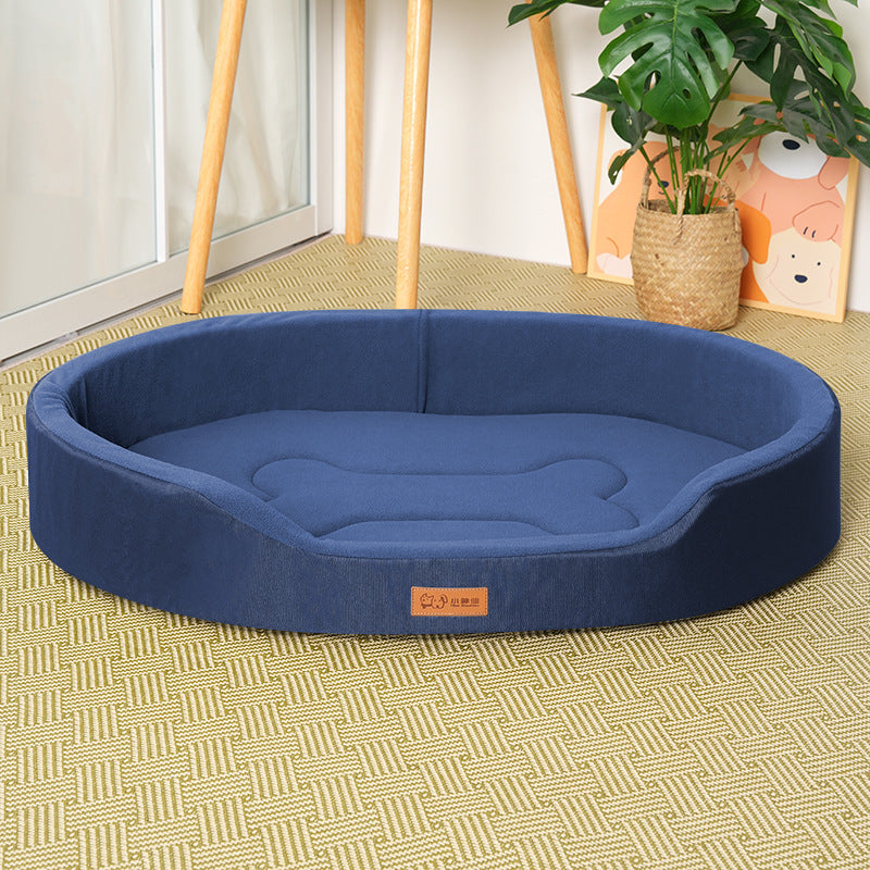 Oval Dog Bed with Raised Rim and Removable Cushion: Thick fleece, navy blue