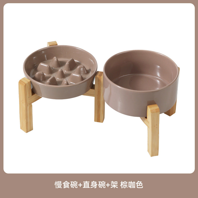 Ceramic Slow Feeder Bowl with Raised Bamboo Stand