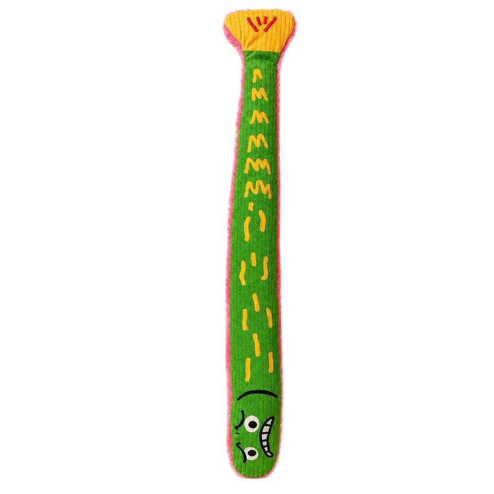 Long plush fish dog toy in green with a yellow tail, pink edging and a printed face, white background