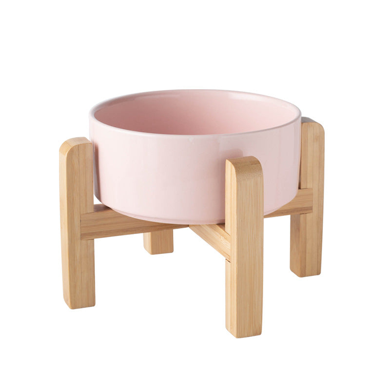 Ceramic Pet Bowl with Raised Wooden Stand, 3 Sizes