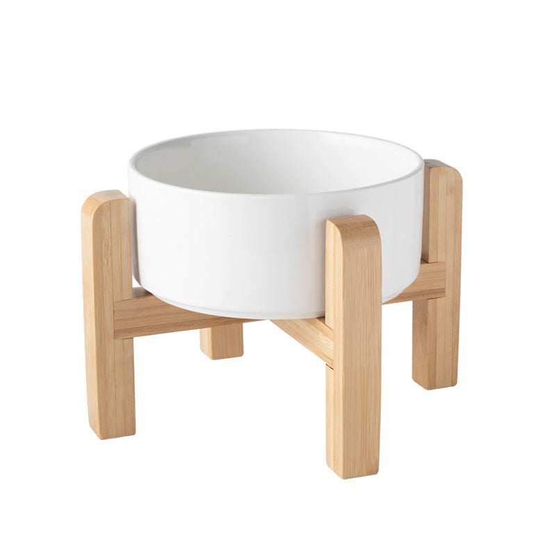Ceramic Pet Bowl with Raised Wooden Stand, 3 Sizes