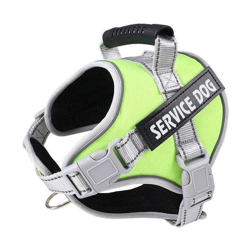 Lime green padded harness angled towards the camera, grey webbing straps unbuckled