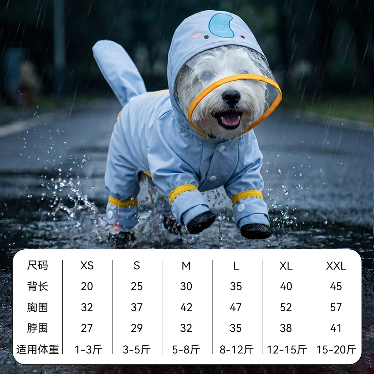 Dog Raincoat, Four-Leg Waterproof with Dinosaur Hood, XS to 8XL