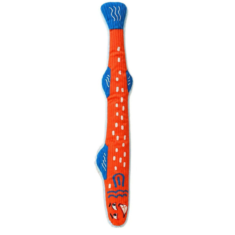 Long plush fish dog toy in orange-red with blue fins and a printed face, white background