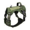 Army green tactical dog harness with a top grab handle and MOLLE side panels