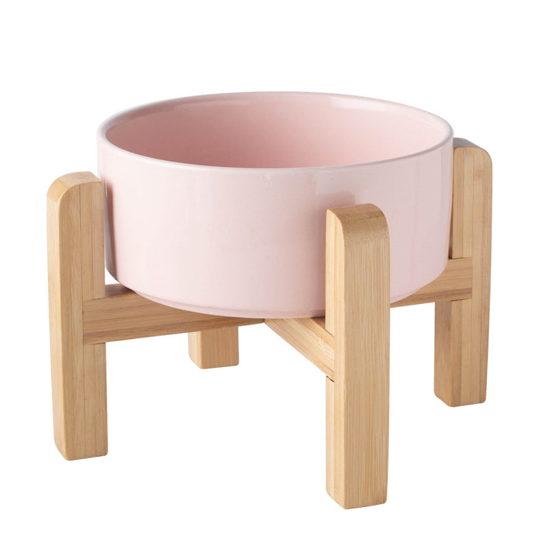 Ceramic Pet Bowl with Raised Wooden Stand, 3 Sizes