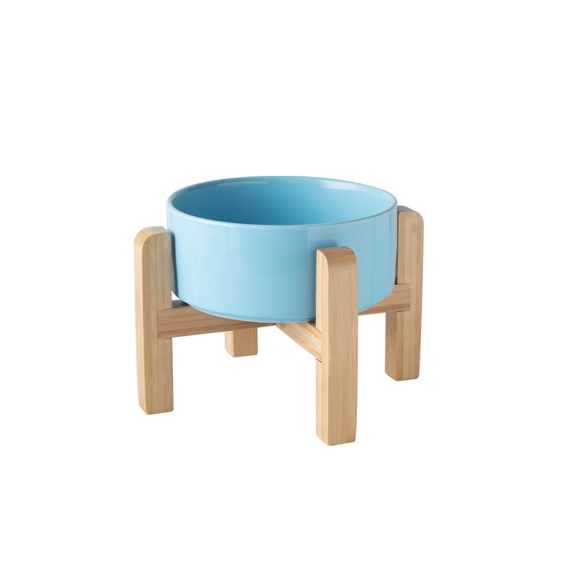 Ceramic Pet Bowl with Raised Wooden Stand, 3 Sizes