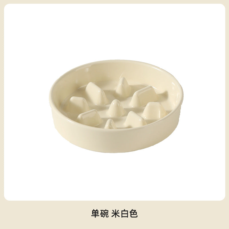 Ceramic Slow Feeder Bowl with Raised Bamboo Stand