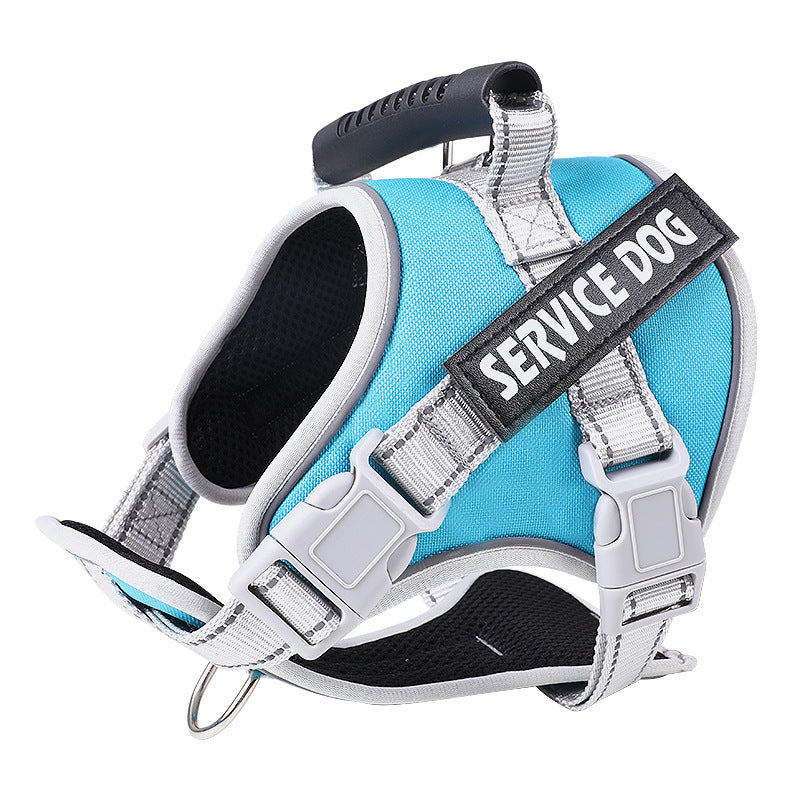 Aqua padded harness angled towards the camera, black mesh lining showing inside