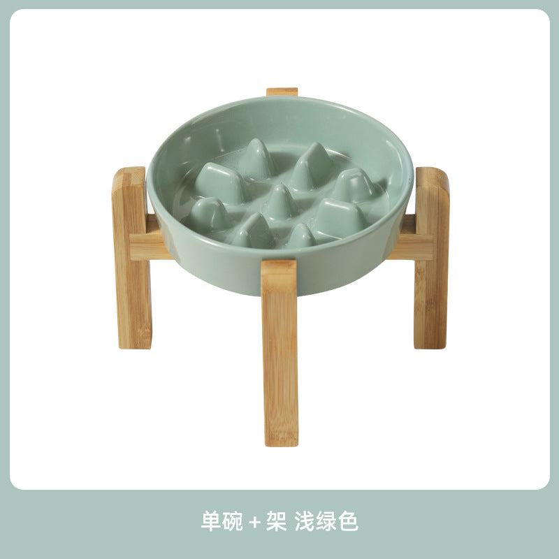 Ceramic Slow Feeder Bowl with Raised Bamboo Stand