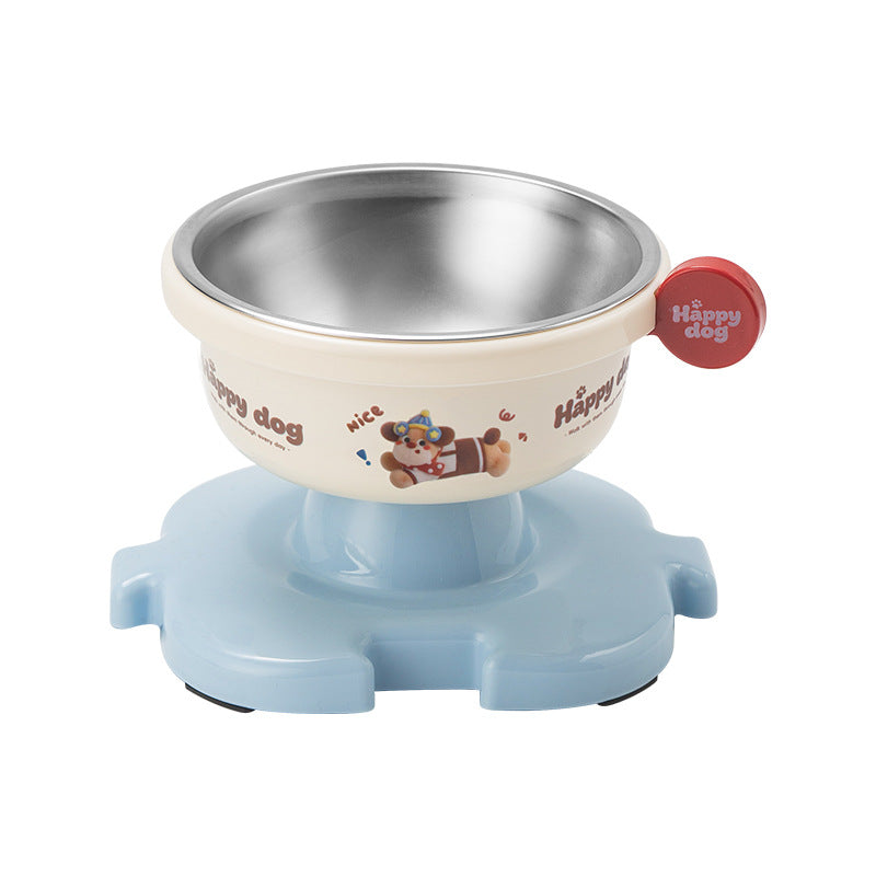 Elevated dog bowl in White and Blue with the stainless steel inner bowl in place, on a jigsaw-shaped non-slip base.