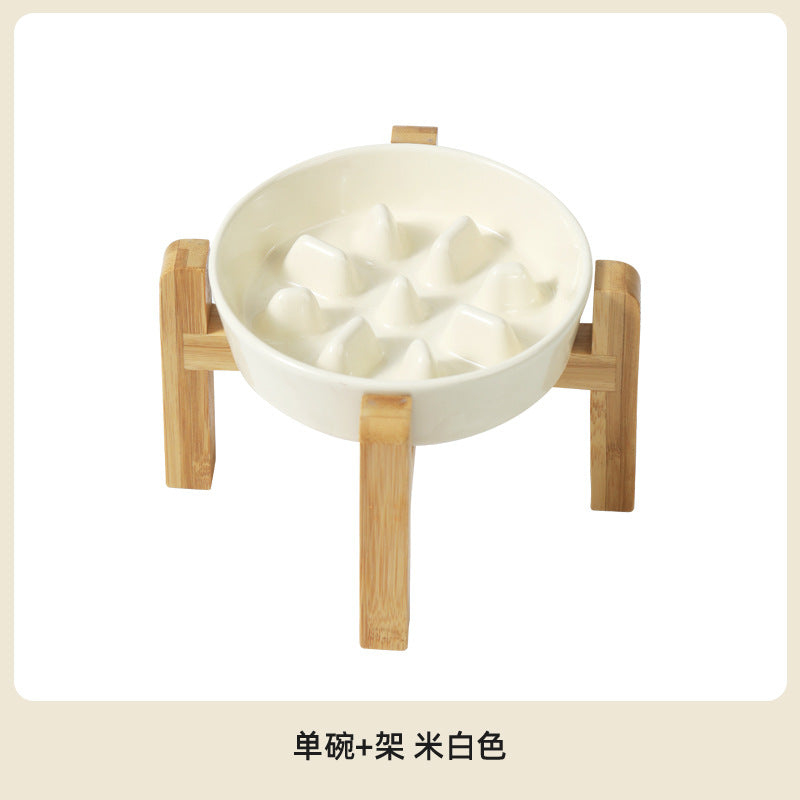 Ceramic Slow Feeder Bowl with Raised Bamboo Stand