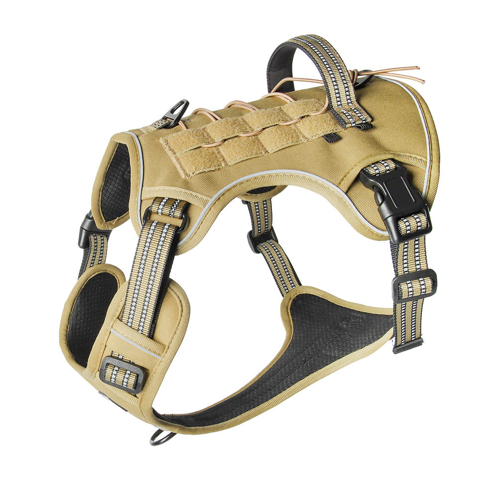 Khaki tactical dog harness with a top grab handle and MOLLE side panels