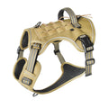 Khaki tactical dog harness with a top grab handle and MOLLE side panels