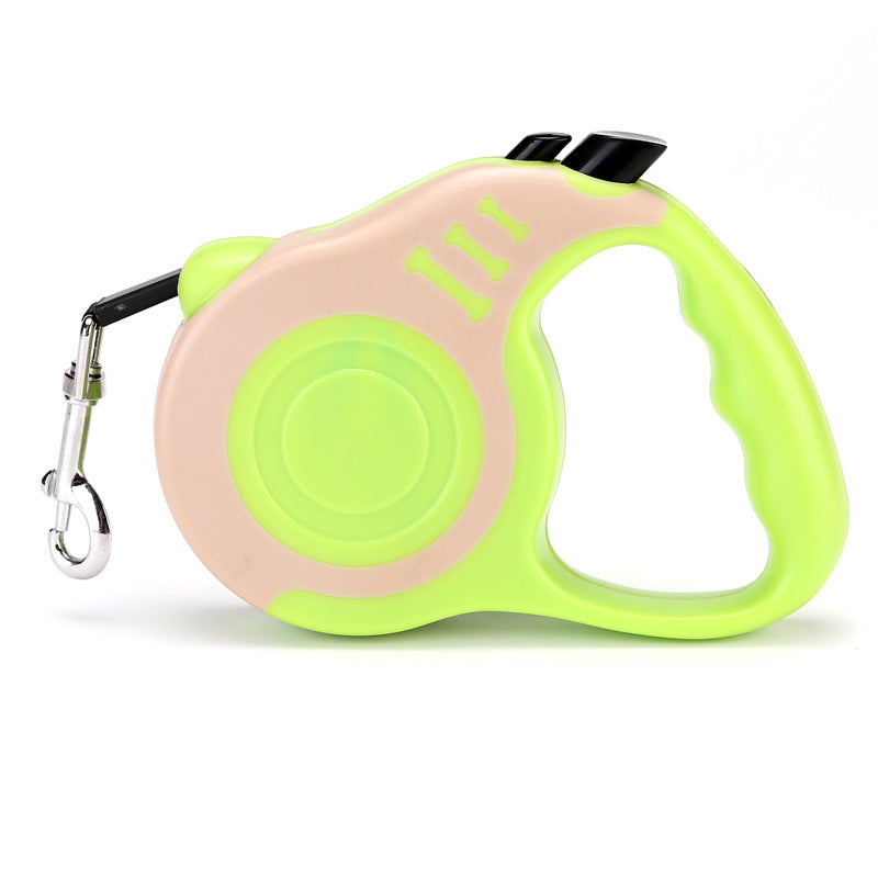 Lime green and cream retractable leash with a lime grip, side view on white