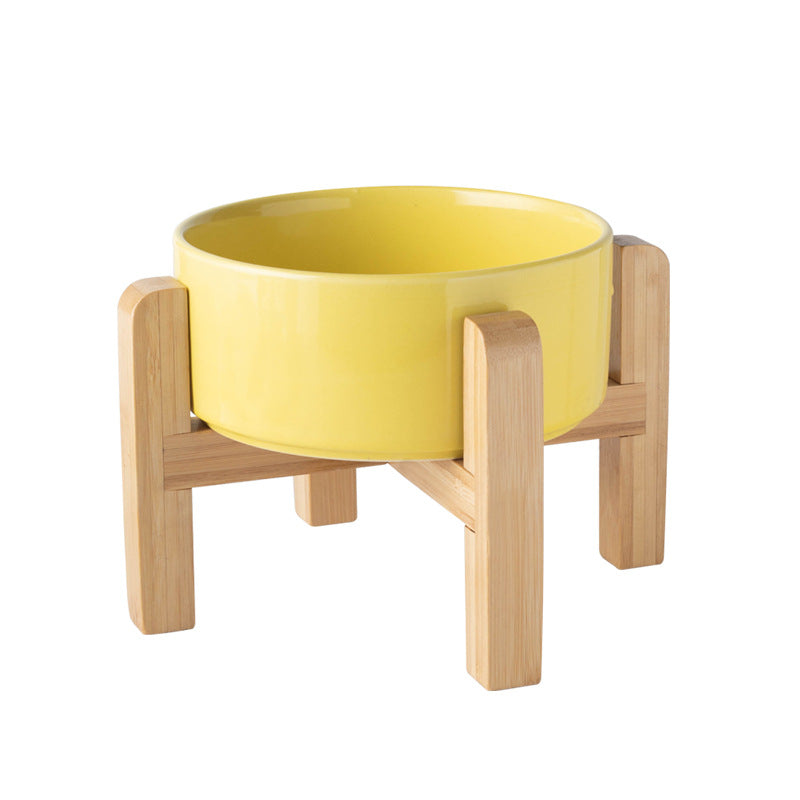 Ceramic Pet Bowl with Raised Wooden Stand, 3 Sizes