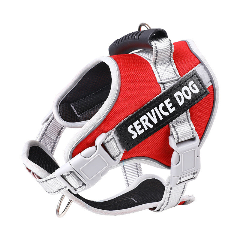 Red padded harness angled towards the camera, grey trim and black mesh lining in view