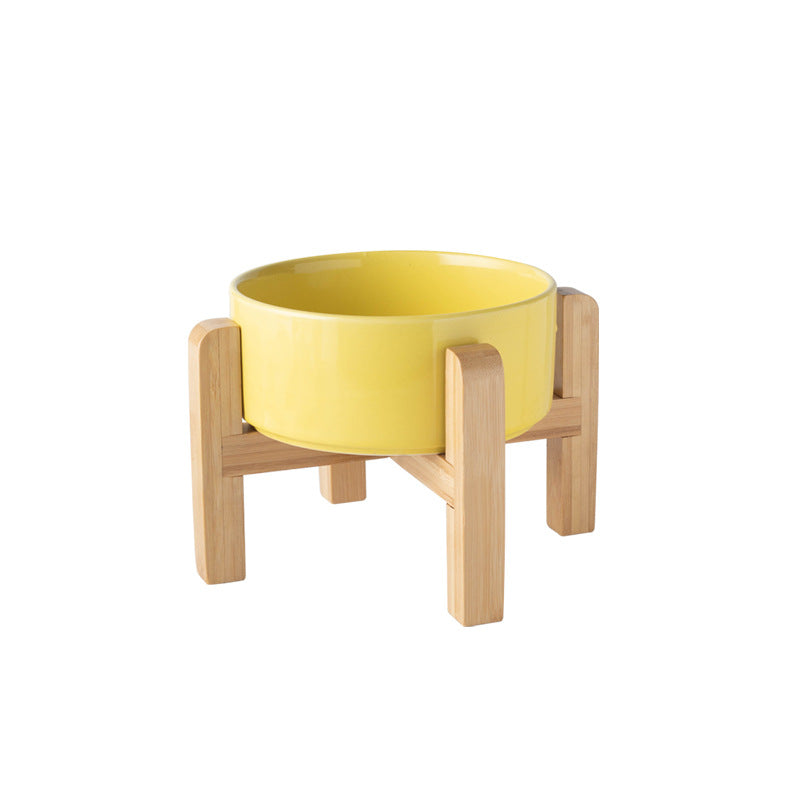 Ceramic Pet Bowl with Raised Wooden Stand, 3 Sizes
