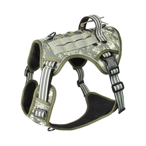 Camo green tactical dog harness with a top grab handle and MOLLE side panels