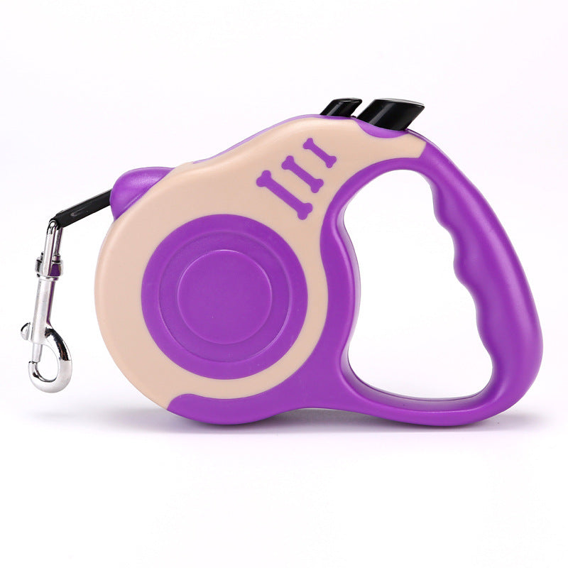Purple and cream retractable leash with a purple grip and metal snap clip, side view on white