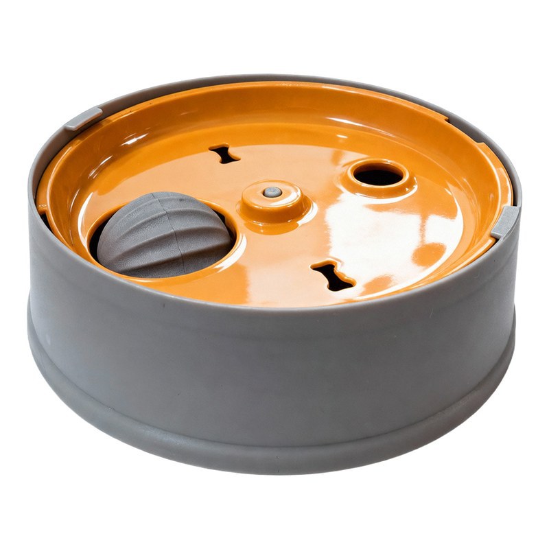 Grey and orange puzzle bowl at an angle with a grey rolling ball, centre knob and round opening