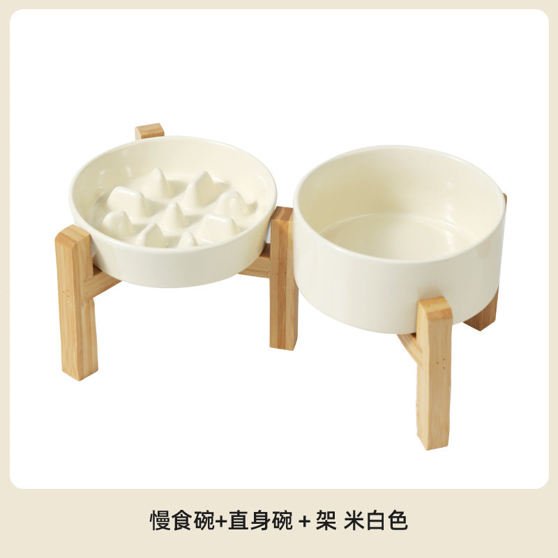 Ceramic Slow Feeder Bowl with Raised Bamboo Stand