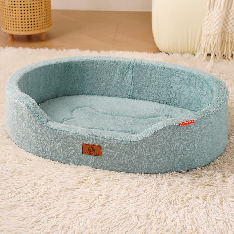 Oval Dog Bed with Raised Rim and Removable Cushion: Faux leather, teal