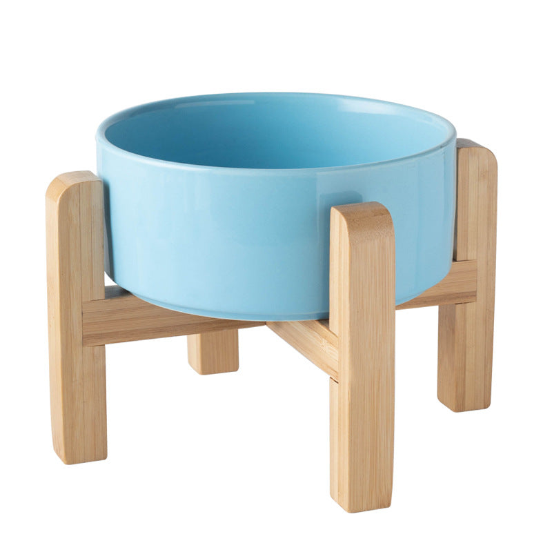 Ceramic Pet Bowl with Raised Wooden Stand, 3 Sizes