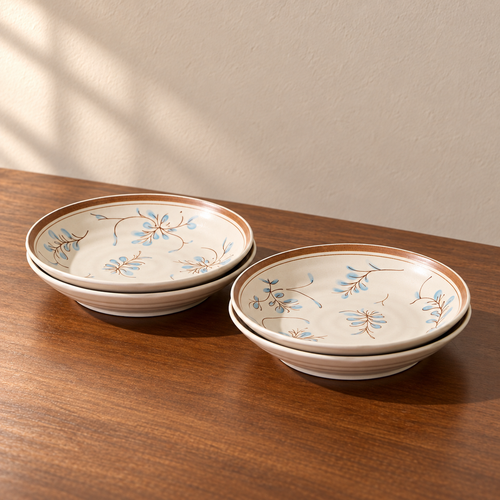 7inch rice plate-4 pieces, cream glazed with a hand-painted blue and brown sprig.