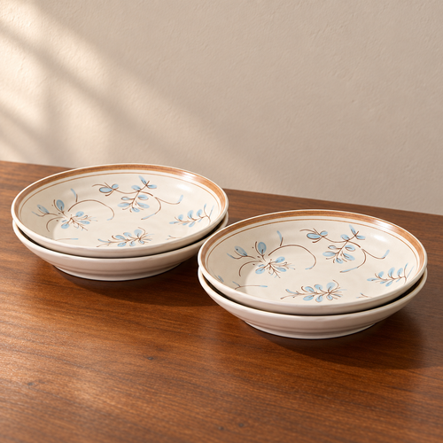 8inch rice plate-4 pieces, cream glazed with a hand-painted blue and brown sprig.
