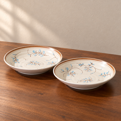 8inch rice plate-2 pieces, cream glazed with a hand-painted blue and brown sprig.