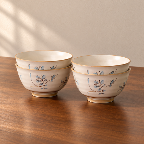 4.5inch rice bowls - 4 pieces, cream glazed with a hand-painted blue and brown sprig.