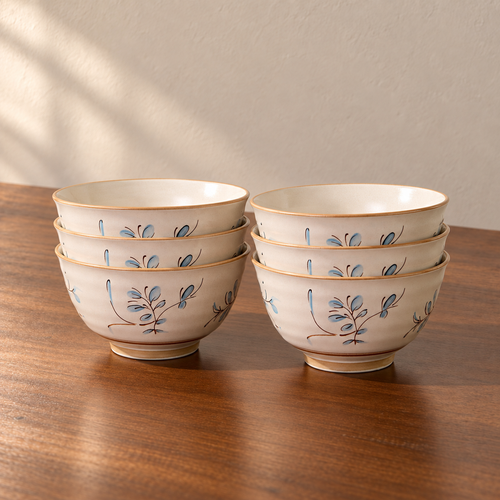 4.5inch rice bowls - 6 pieces, cream glazed with a hand-painted blue and brown sprig.