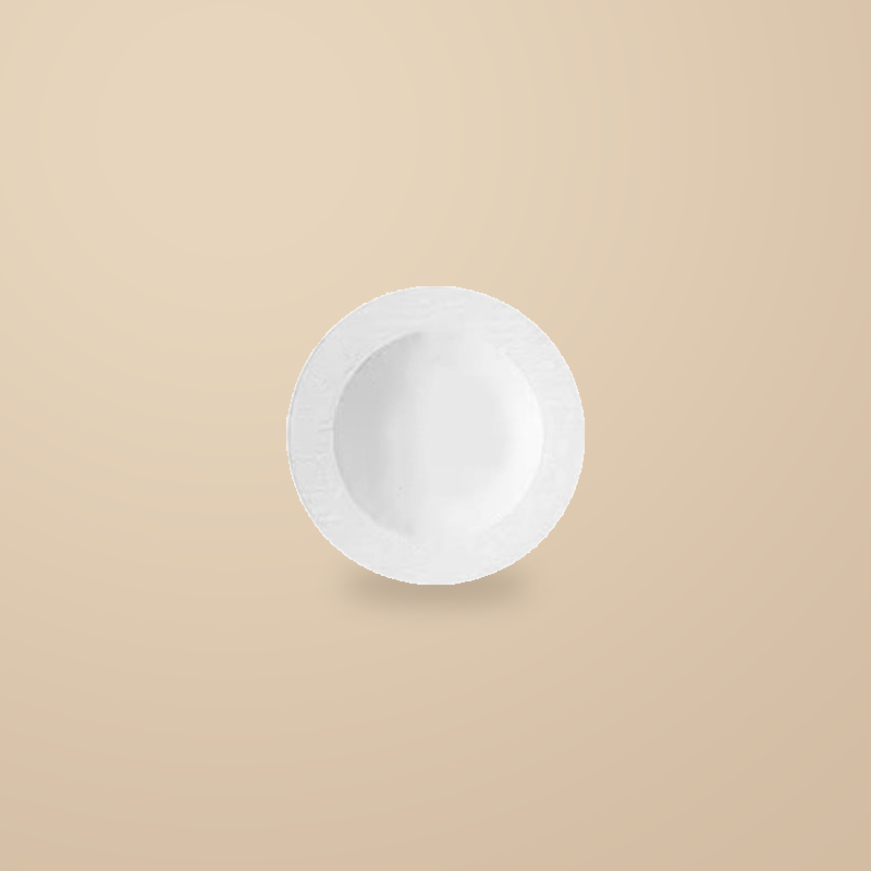 Rock Texture white 9 in pasta bowl, on a warm beige background.
