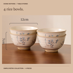 Four Simple Retro rice bowls on a wooden table; each bowl is 12 cm across and 7 cm tall.