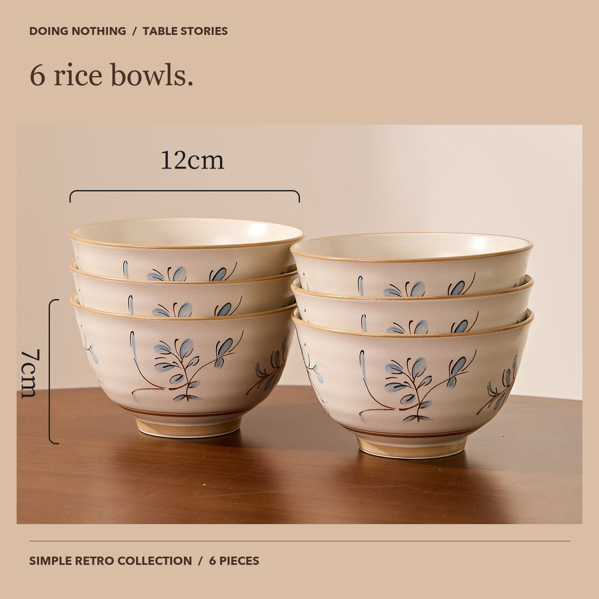 Six Simple Retro rice bowls on a wooden table; each bowl is 12 cm across and 7 cm tall.